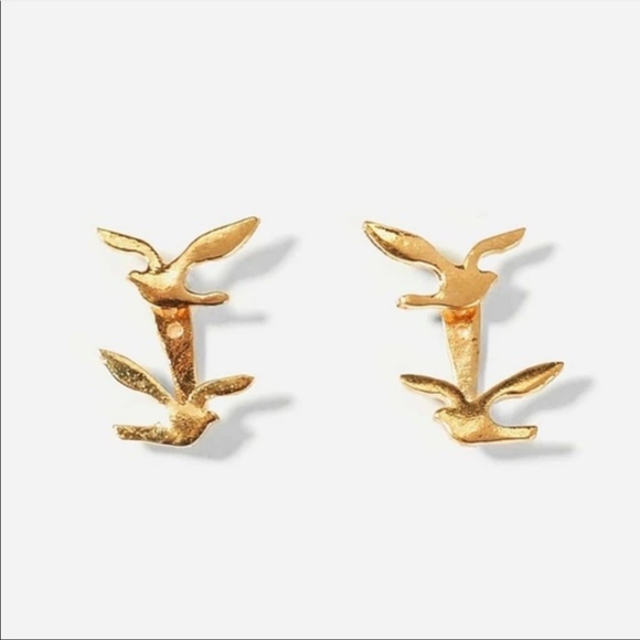 GOLD DOUBLE SPARROW BIRD JACKET STUD EARRINGS - Picture 2 of 4